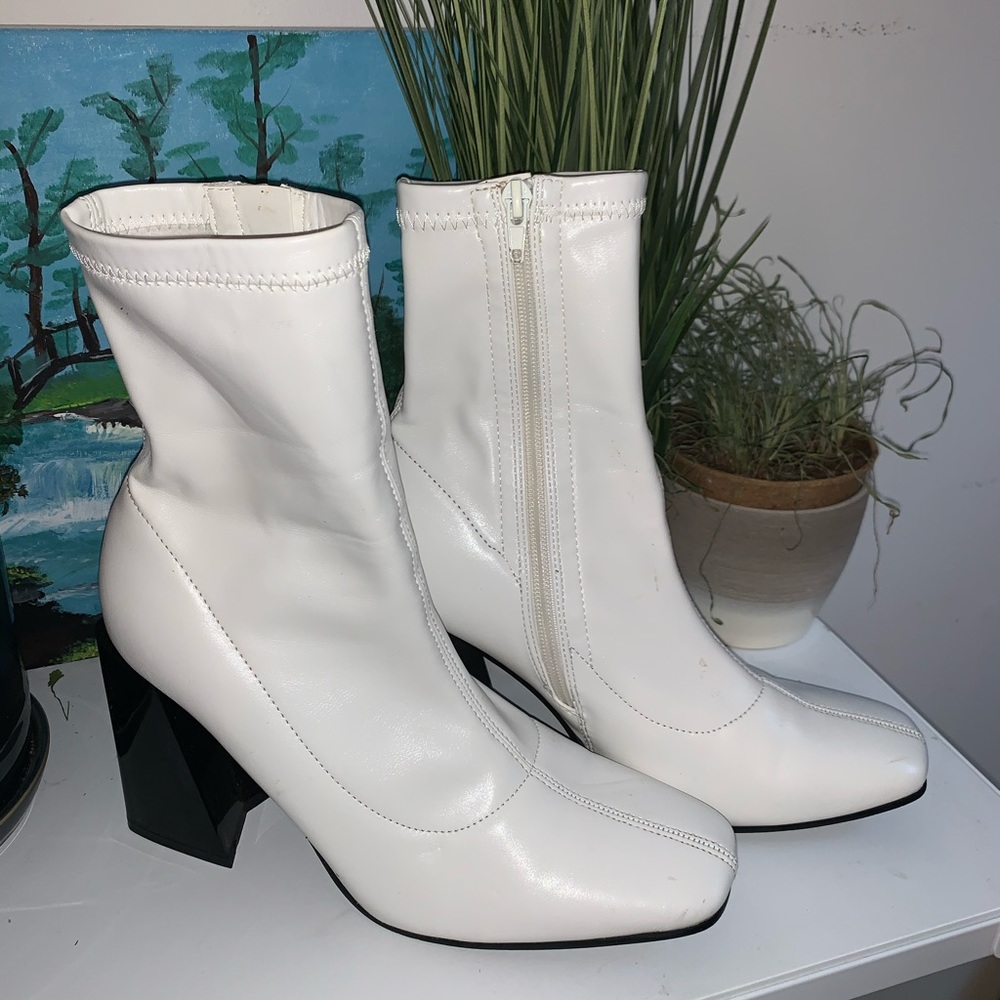 White Faux Leather Heeled Sock Boot